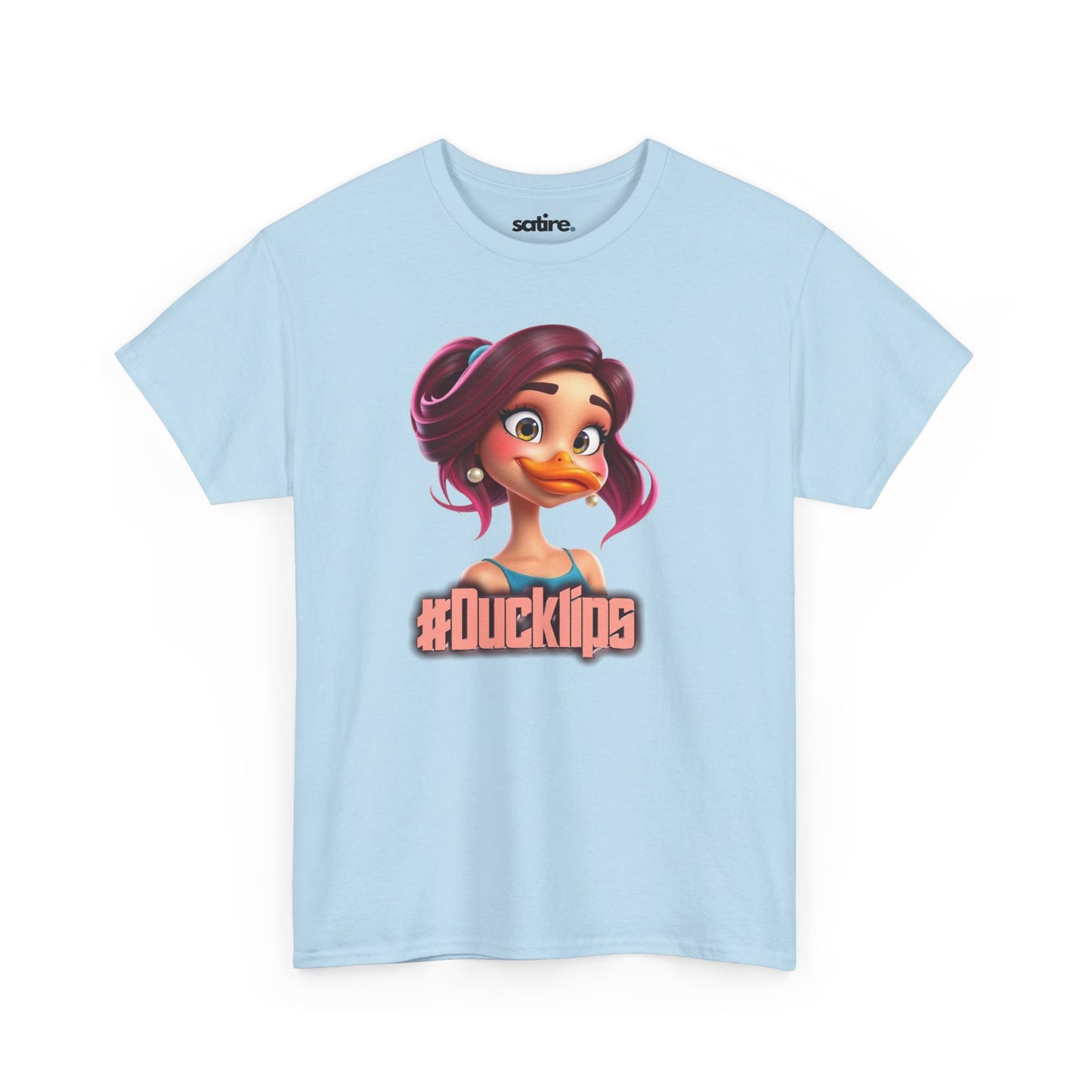 Light blue t-shirt featuring a colorful cartoon character with purple hair and a duck bill, wearing a blue top, with the text '#Ducklips' in bold letters below the image | Satire Clothes