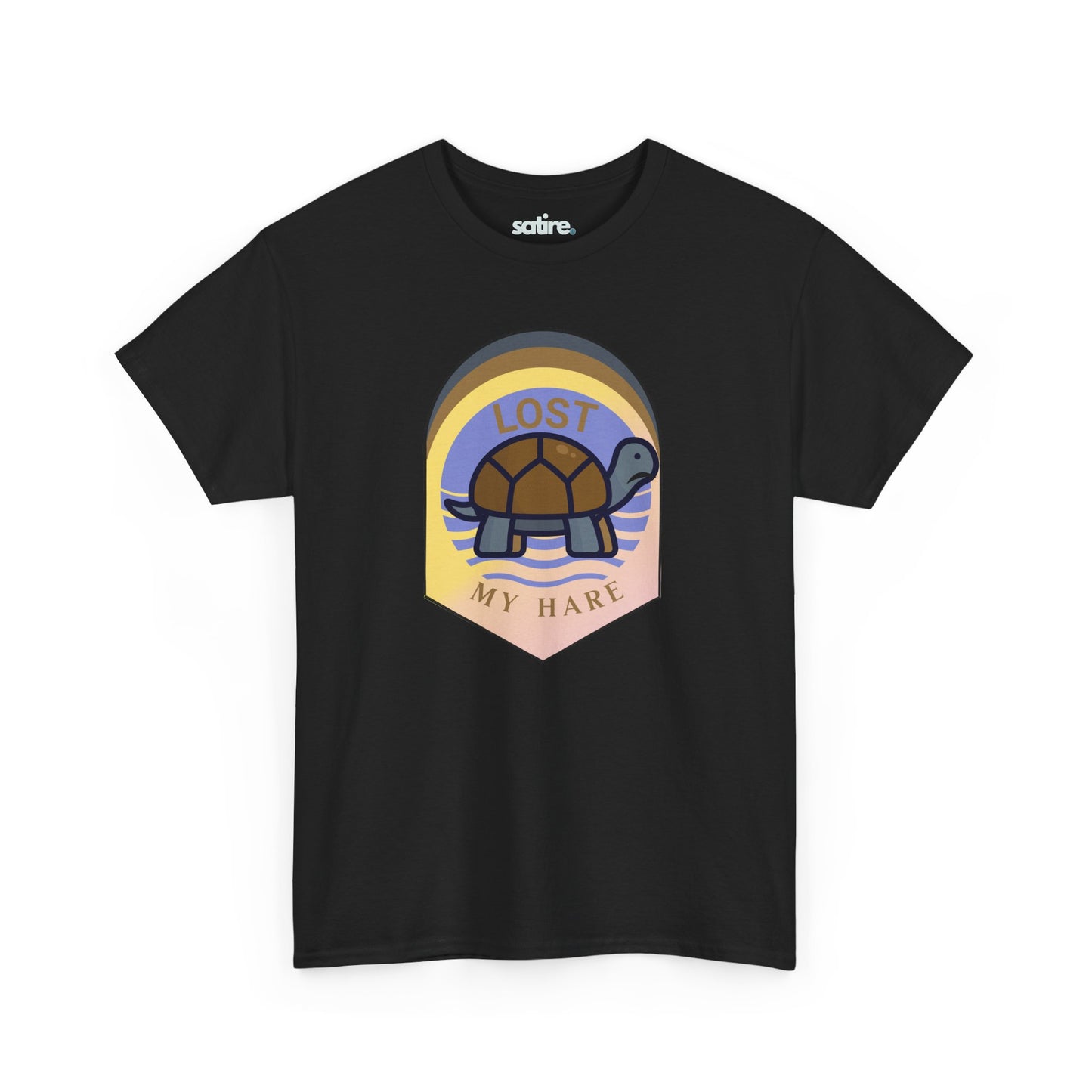 Black T-shirt with a design of a turtle and the text 'LOST MY HARE' in a colorful, retro-style patch on the front. | Satire Clothes