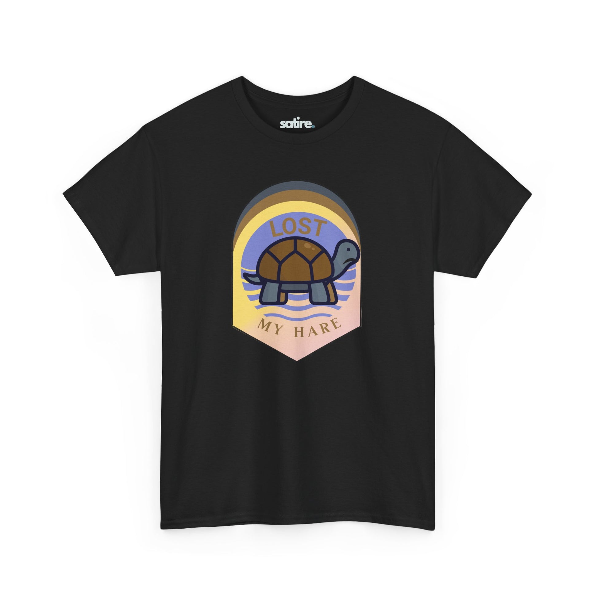 Black T-shirt with a design of a turtle and the text 'LOST MY HARE' in a colorful, retro-style patch on the front. | Satire Clothes