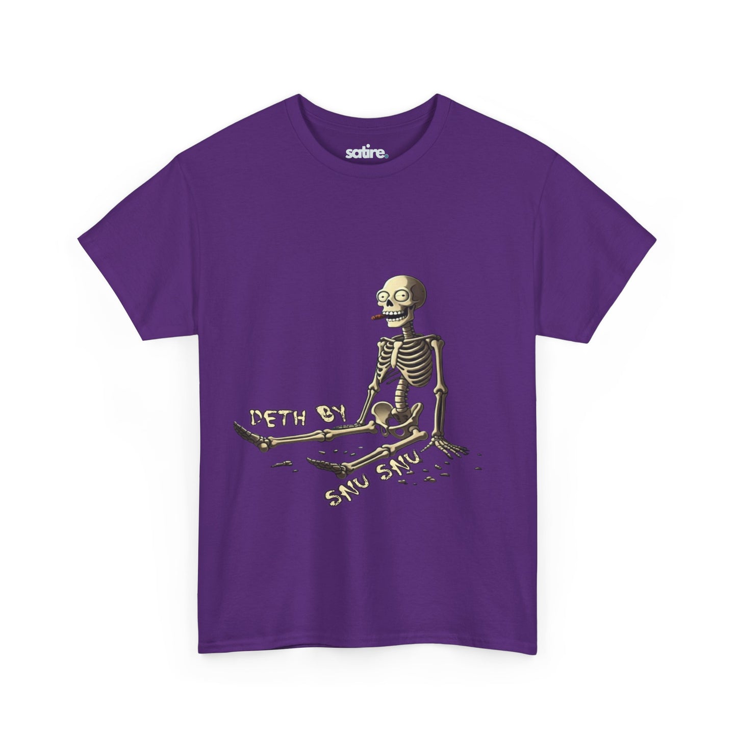 Purple Deth by Snu Snu t-shirt with a happy skeleton design | Satire Clothes