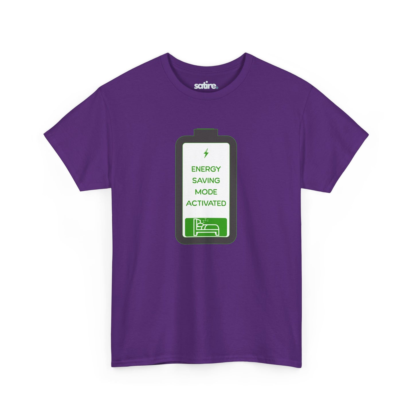 Purple t-shirt with a graphic of a battery icon displaying 'Energy Saving Mode Activated' text and a sleeping person icon | Satire Clothes