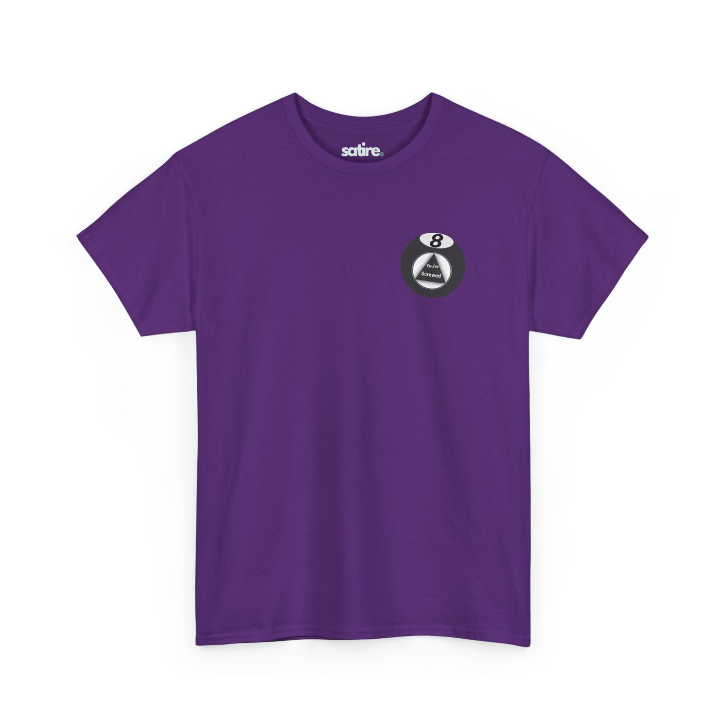 Purple t-shirt with a graphic of a Magic 8 Ball which displays the message "You're Screwed" inside a triangle. | Satire Clothes