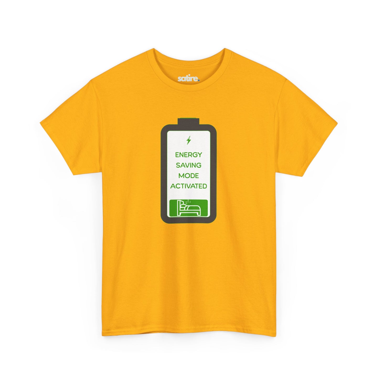 Yellow t-shirt with a graphic of a battery icon displaying 'Energy Saving Mode Activated' text and a sleeping person icon | Satire Clothes