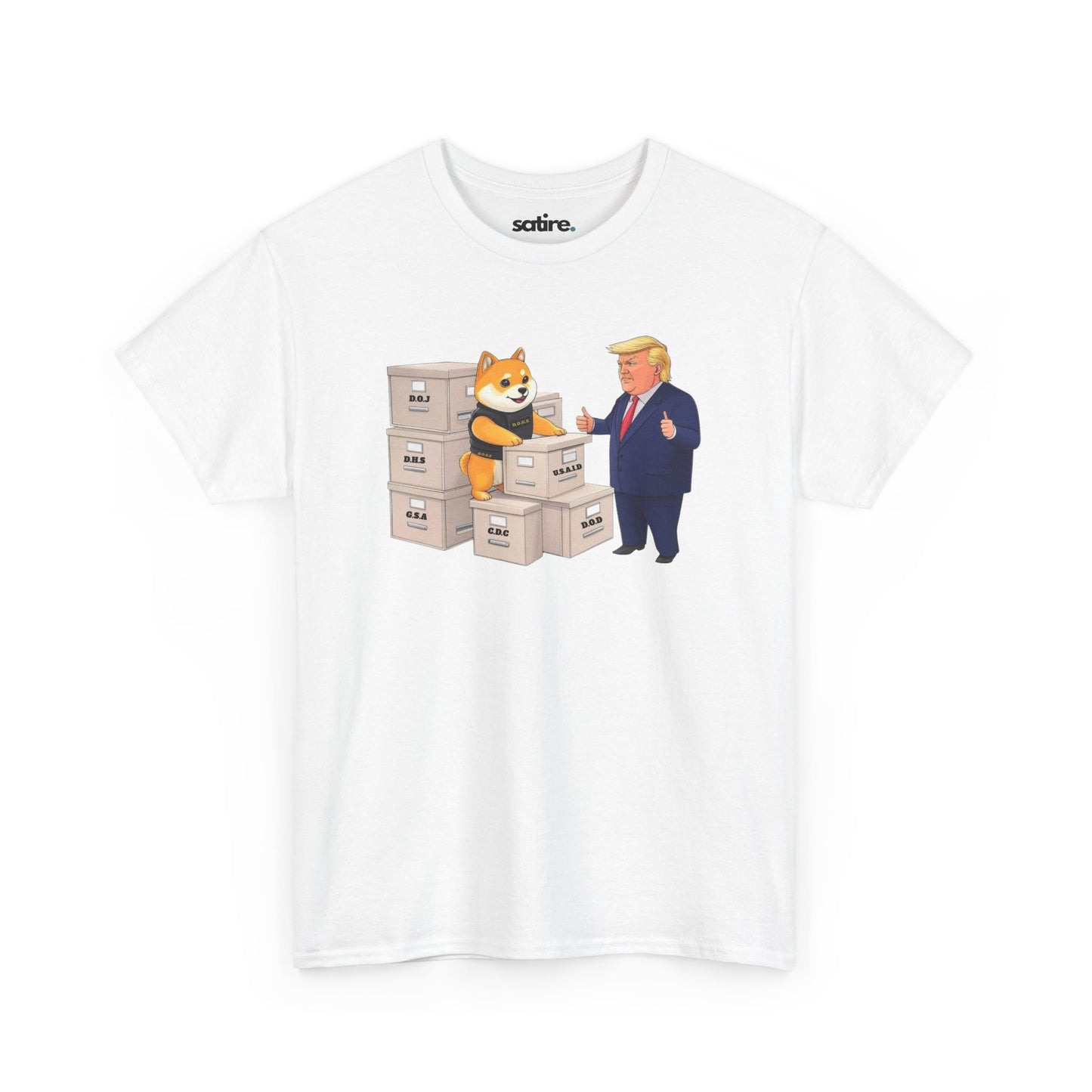 White t-shirt featuring D.O.G.E, a Shiba Inu in a black vest, inspecting government-labeled boxes, with a caricature of President Trump giving a thumbs up | Satire Clothes