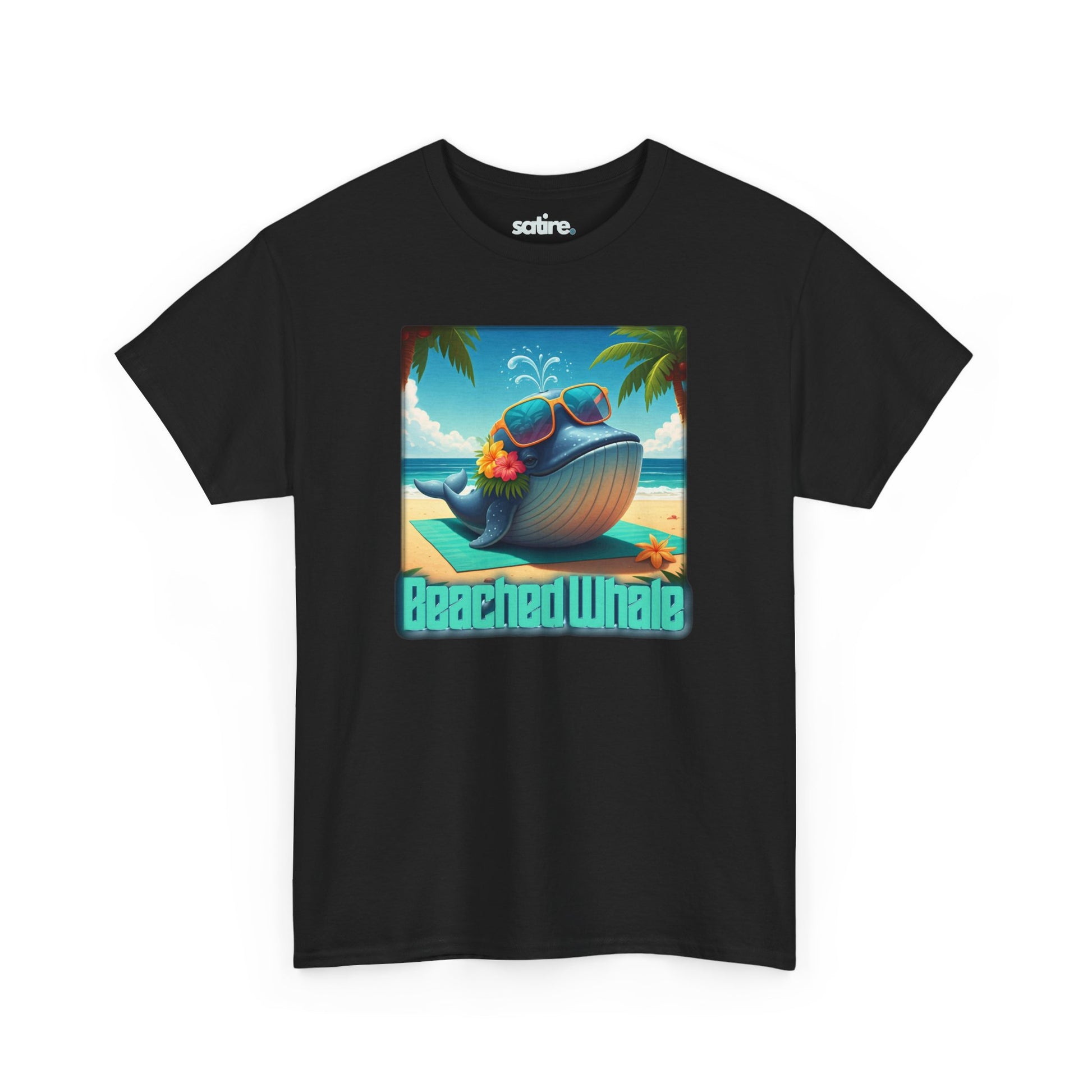 Black t-shirt with a graphic of a whale on a beach, wearing sunglasses with flowers tucked into the sunglasses. Text below reads 'Beached Whale' | Satire Clothes