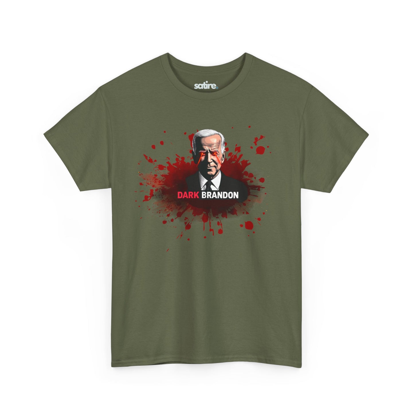 Military green t-shirt with a graphic of a man with white hair in a suit, surrounded by red splatter effects, and the text 'DARK BRANDON' in bold white and red letters below the image | Satire Clothes