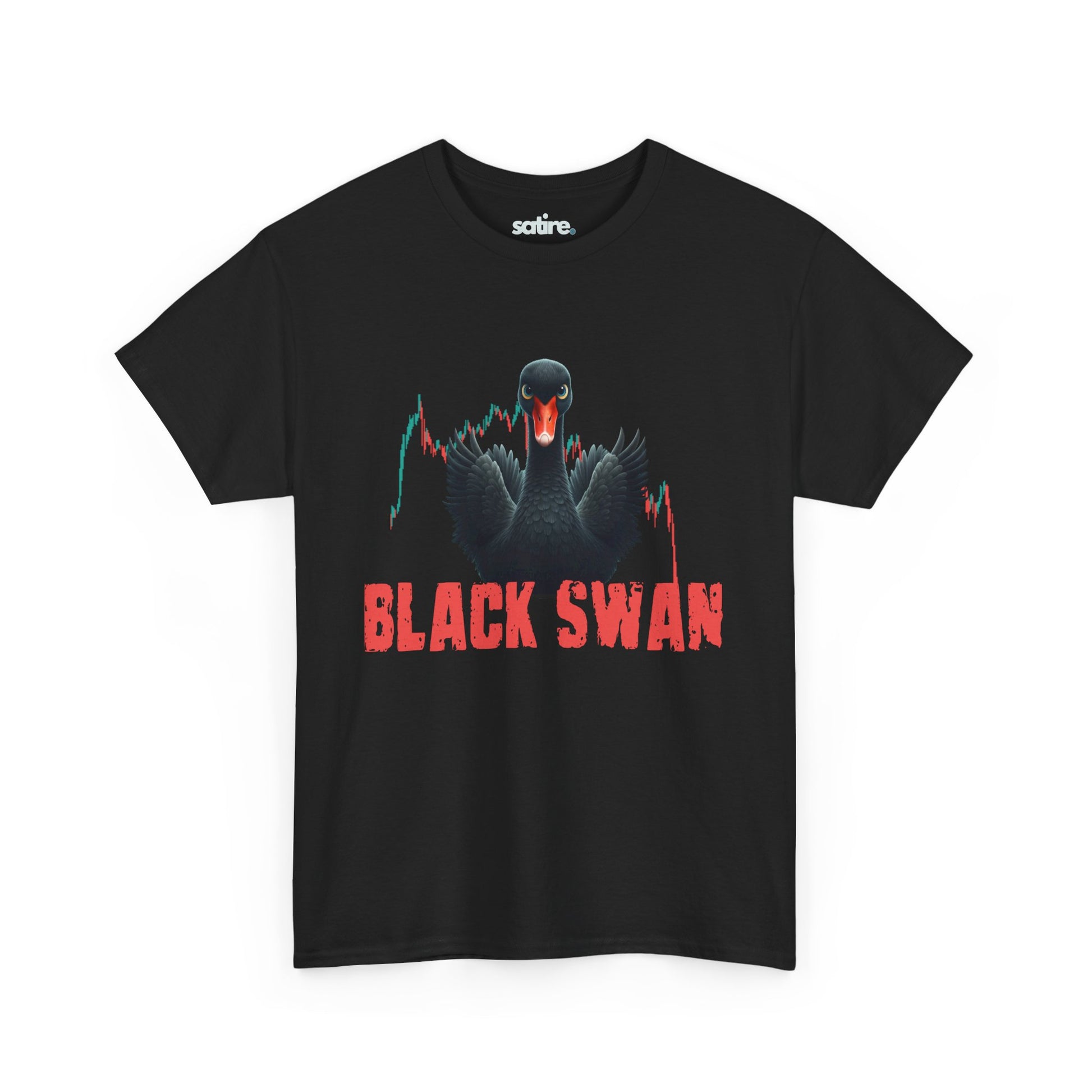 A black t-shirt with a graphic of a menacing black swan and stock market graphs in the background. Text reads "BLACK SWAN" in bold red letters. | Satire Clothes