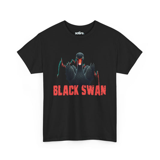 A black t-shirt with a graphic of a menacing black swan and stock market graphs in the background. Text reads "BLACK SWAN" in bold red letters. | Satire Clothes