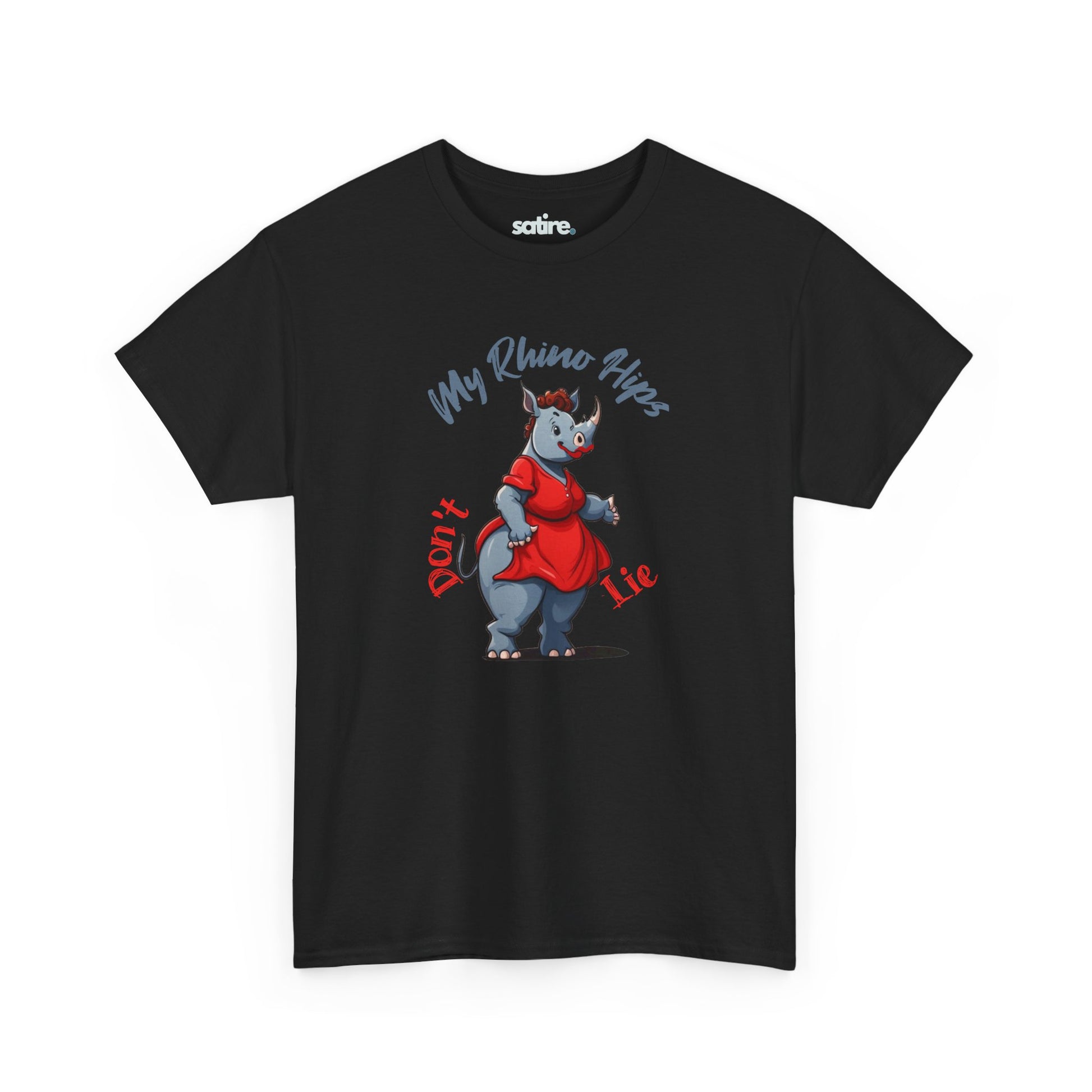 Black t-shirt featuring a cartoon rhinoceros dressed in a red dress with text 'My Rhino Hips' in gray and 'Don't Lie' in red | Satire Clothes