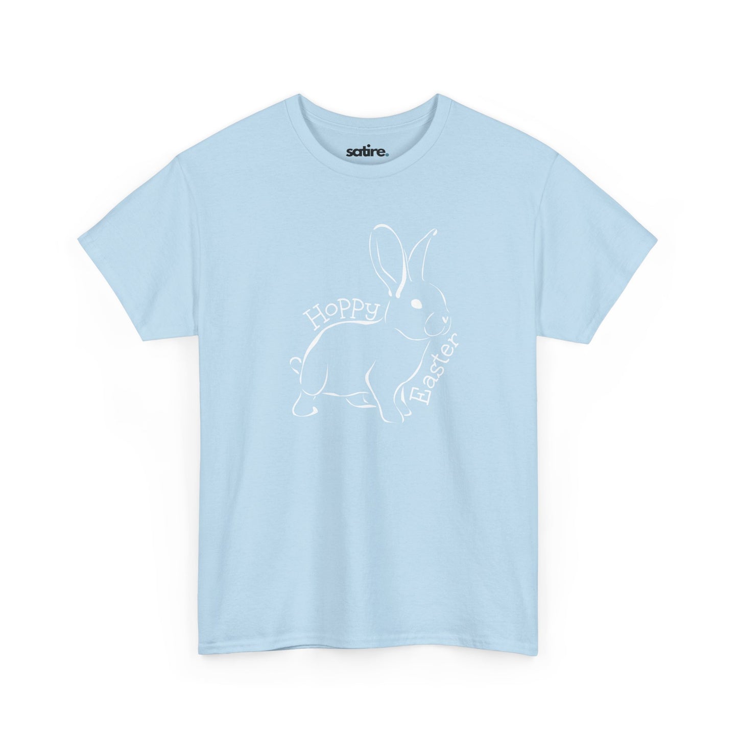 Light blue t-shirt with a playful white outline of a bunny, surrounded by the words 'Hoppy Easter' in a whimsical font. | Satire Clothes