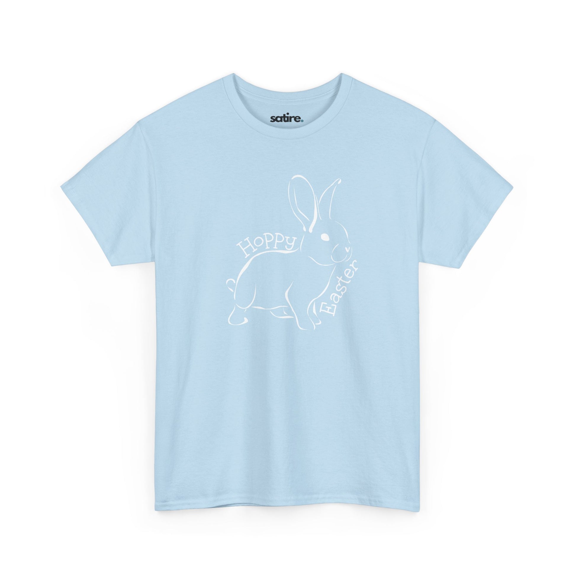 Light blue t-shirt with a playful white outline of a bunny, surrounded by the words 'Hoppy Easter' in a whimsical font. | Satire Clothes