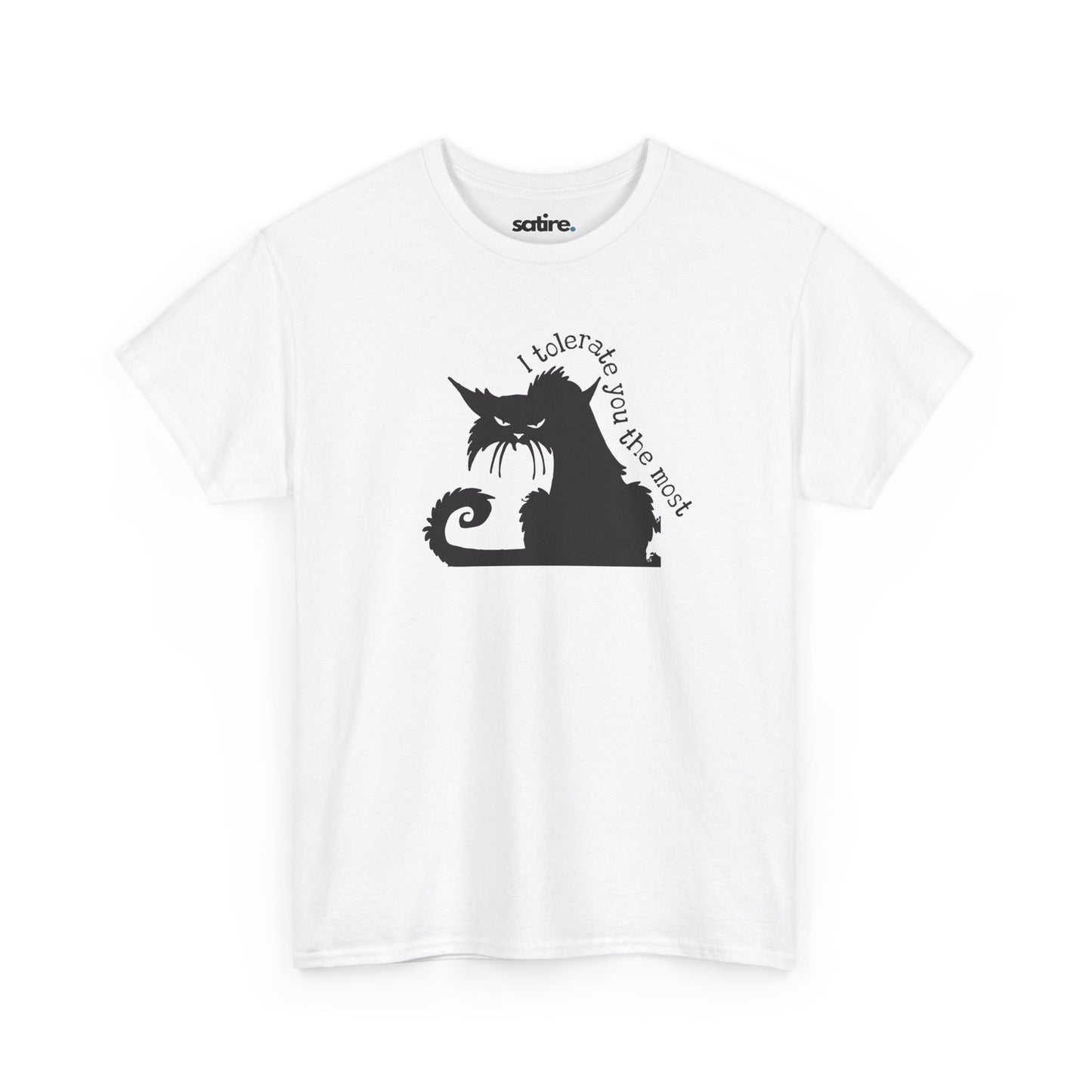 White T-shirt with a black silhouette of an angry cat and the text "I tolerate you the most" printed on it | Satire Clothes