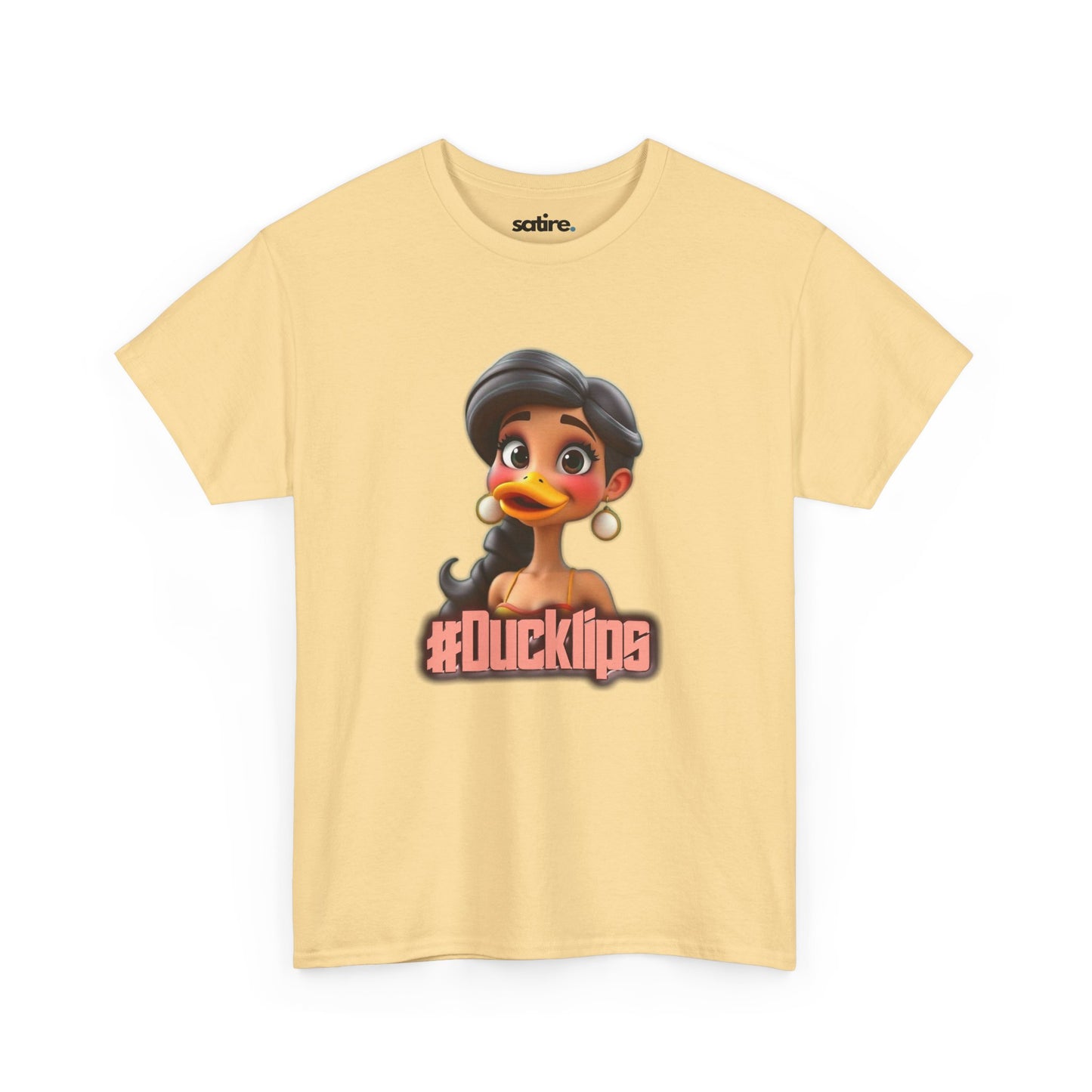 Light yellow t-shirt featuring a humorous graphic of a character with a duck's beak and the text "#Ducklips" in bold, pink letters | Satire Clothes