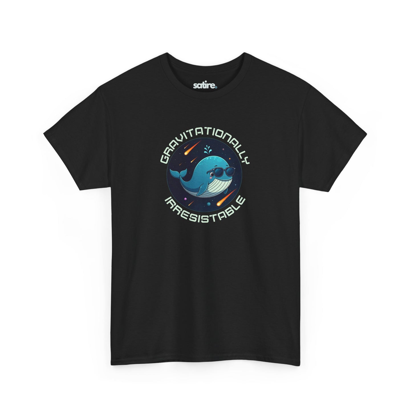 Black t-shirt featuring a space whale wearing sunglasses, surrounded by a circular text that reads 'GRAVITATIONALLY IRRESISTIBLE' | Satire Clothes