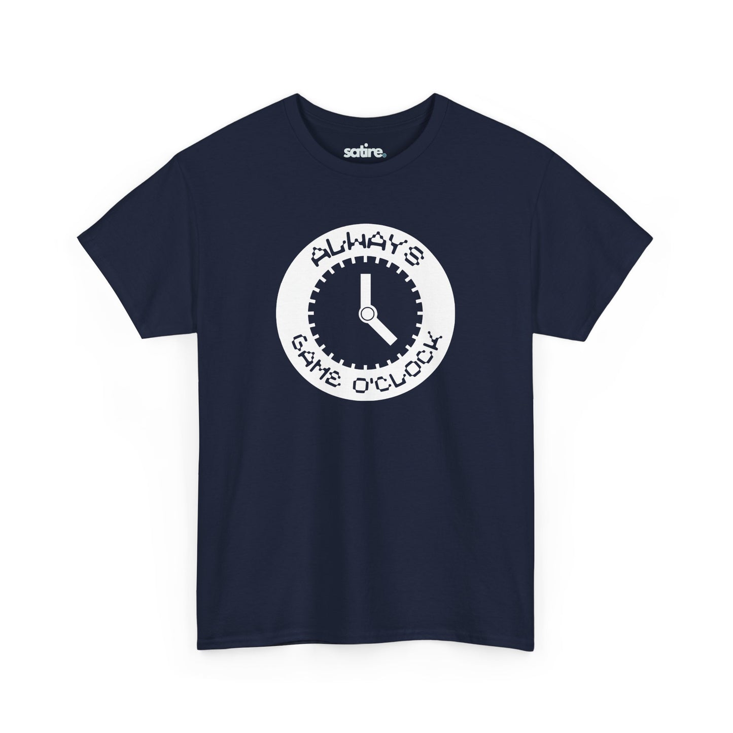 Navy blue t-shirt with a white circular graphic in the center. The graphic features a clock with the text 'ALWAYS GAME O'CLOCK' around it.  | Satire Clothes