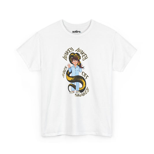 White t-shirt with a cartoon man in pajamas and a snake wrapped around him. Text reads 'Wakey Wakey Hands Off Snakey' | Satire Clothes