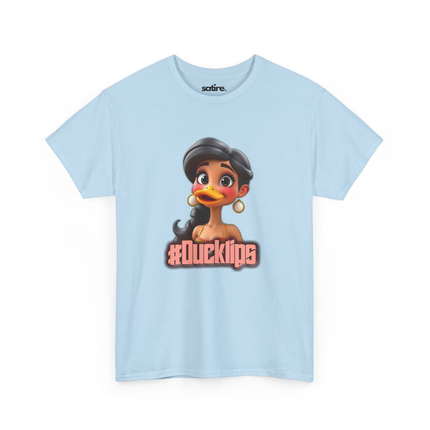 Light blue t-shirt featuring a humorous graphic of a character with a duck's beak and the text "#Ducklips" in bold, pink letters | Satire Clothes