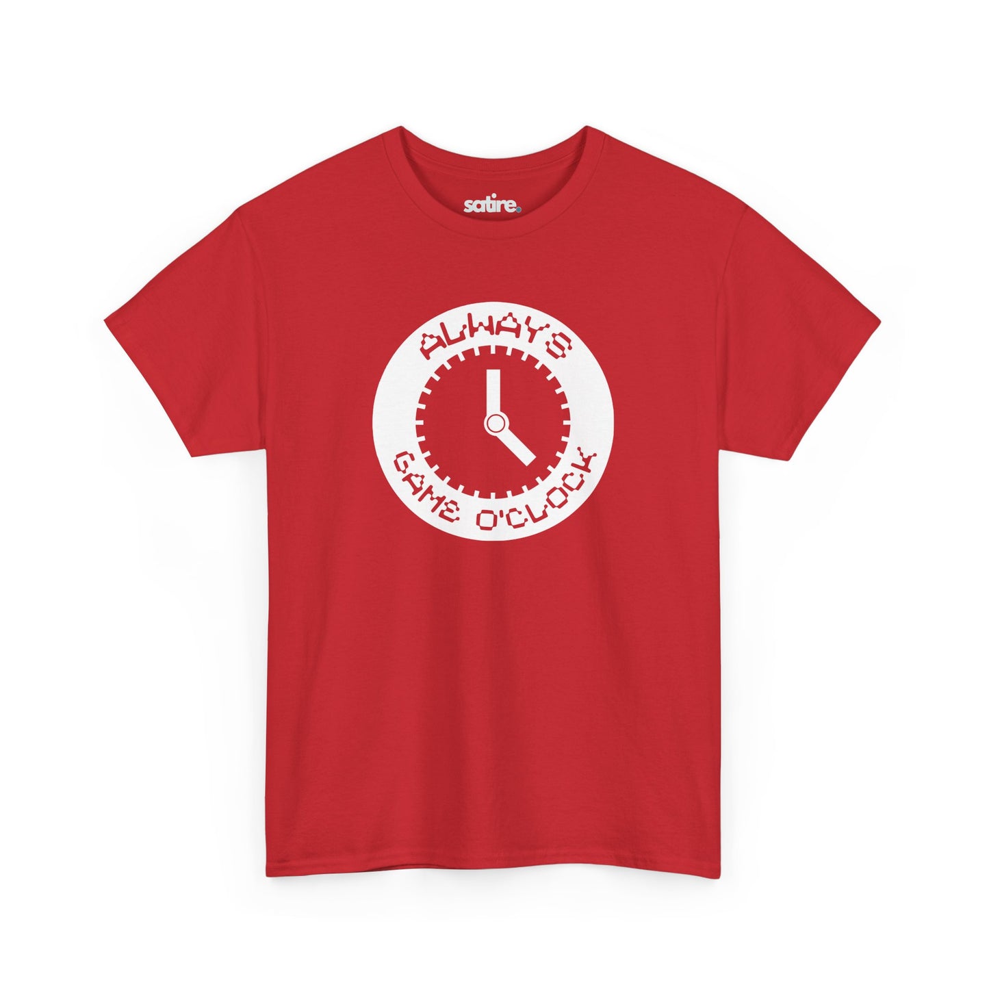 Red t-shirt with a white circular graphic in the center. The graphic features a clock with the text 'ALWAYS GAME O'CLOCK' around it. | Satire Clothes