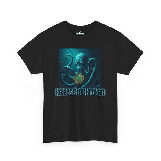 Black t-shirt with a graphic of a kraken holding a Bitcoin coin underwater, with the text "Release the Kraken" below the image | Satire Clothes.