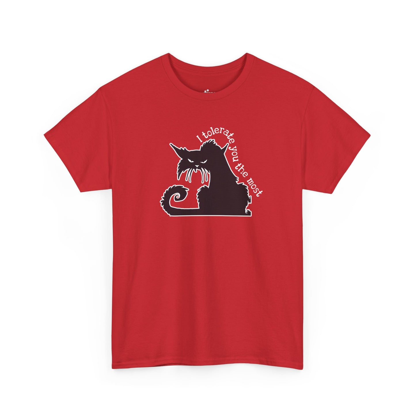 Red T-shirt with a black silhouette of an angry cat and the text "I tolerate you the most" printed on it | Satire Clothes