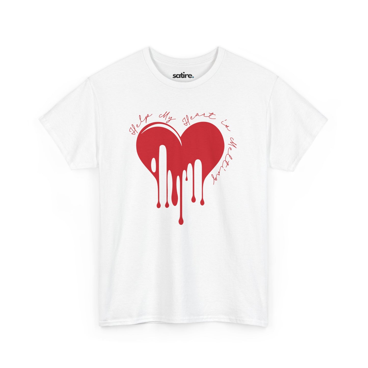 White t-shirt with a red melting heart design and the text "Help, My Heart is Melting" written in a playful font around the heart | Satire Clothes