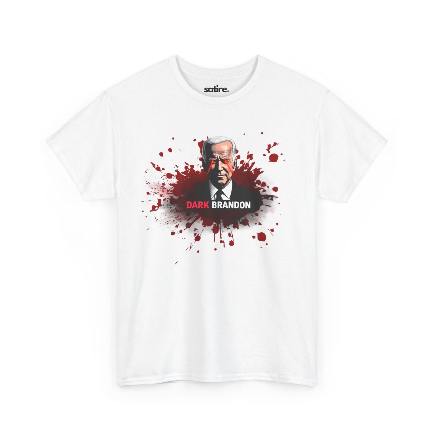 White t-shirt with a graphic of a man with white hair in a suit, surrounded by red splatter effects, and the text 'DARK BRANDON' in bold white and red letters below the image | Satire Clothes