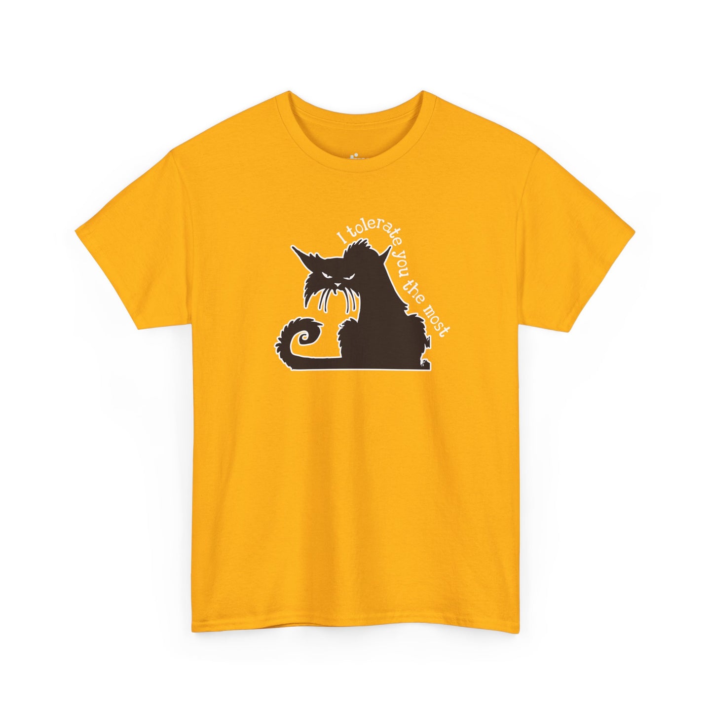 Yellow T-shirt with a black silhouette of an angry cat and the text "I tolerate you the most" printed on it | Satire Clothes