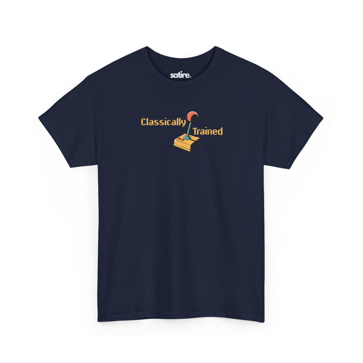 Navy blue 'Classically Trained' t-shirt with a retro 80s design featuring an old-school joystick graphic | Satire Clothes