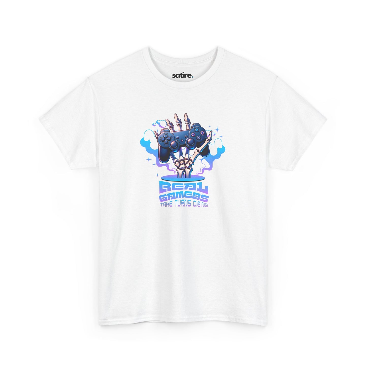 White T-shirt featuring a colorful graphic of a skeletal hand holding a game controller with clouds of smoke, above the text 'REAL GAMERS TAKE TURNS DYING' | Satire Clothes