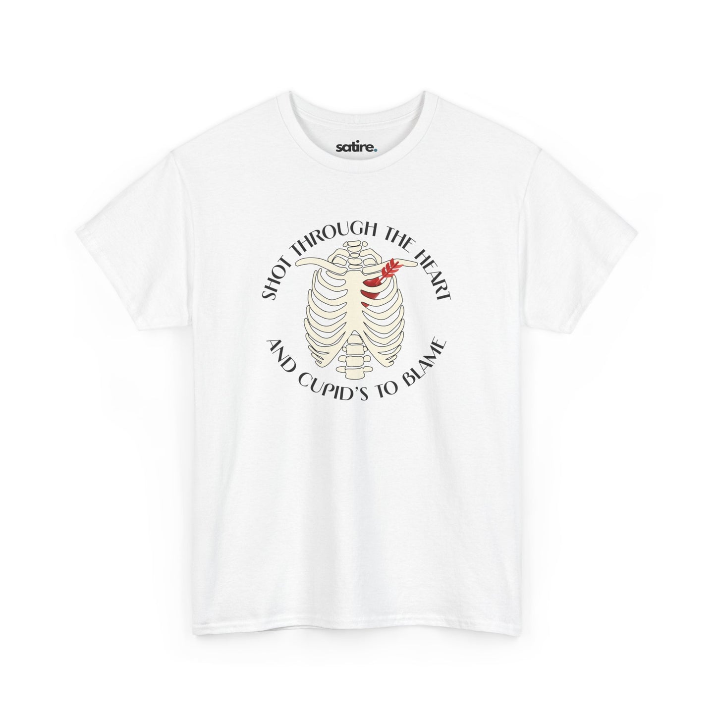 White T-Shirt with a white skeleton ribcage design and the text 'Shot Through The Heart And Cupid's To Blame' encircling it | Satire Clothes