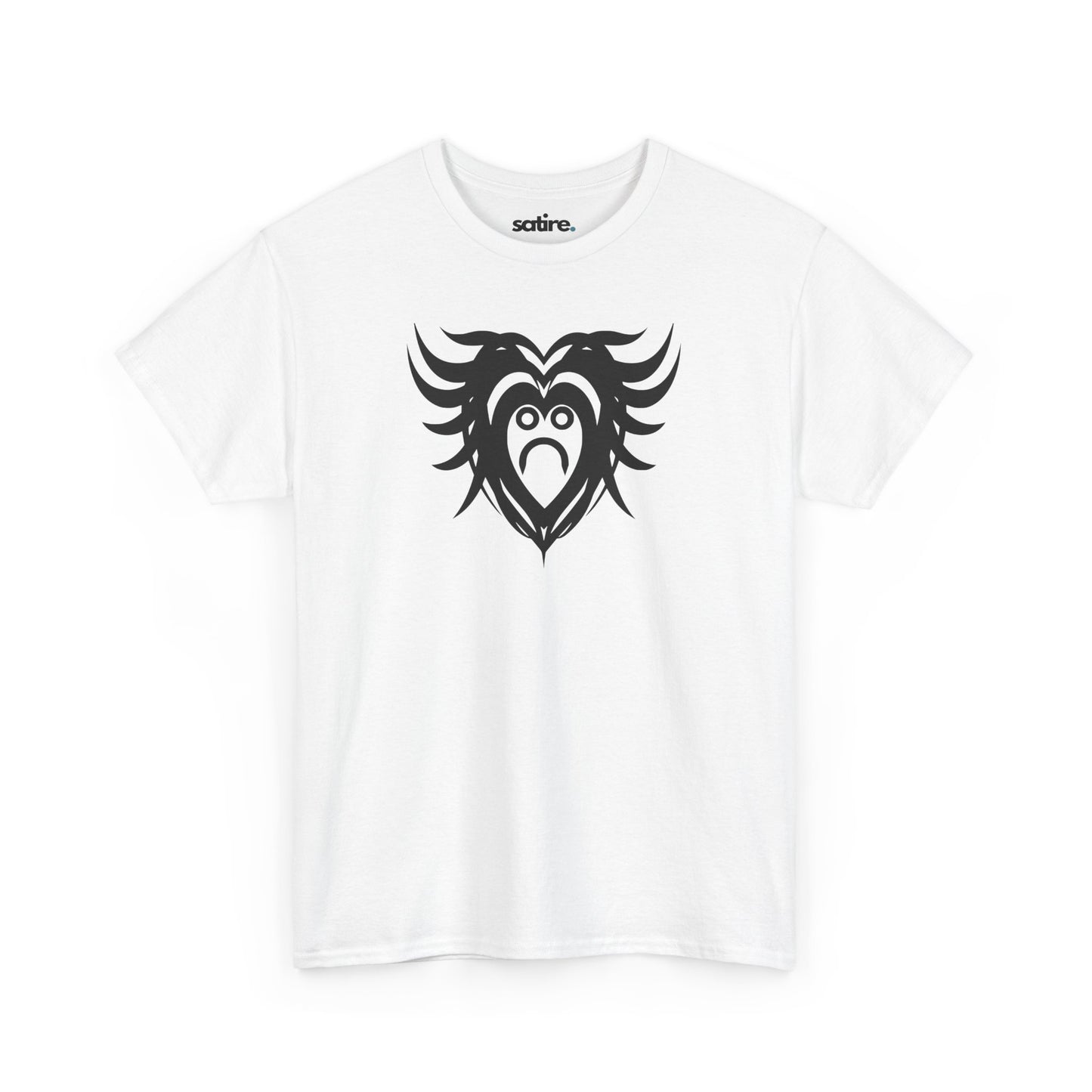 White t-shirt with a black design featuring a sad, crying heart with wing-like extensions. | Satire Clothes