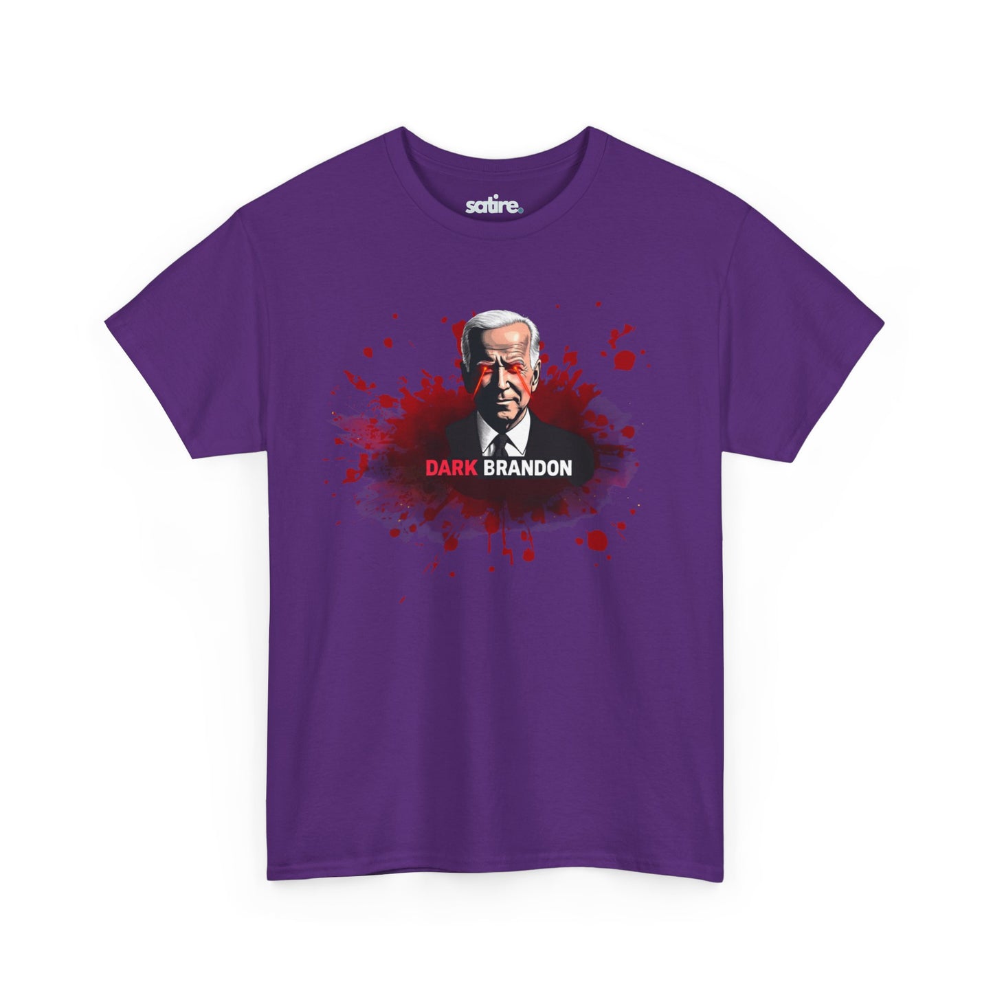 Purple t-shirt with a graphic of a man with white hair in a suit, surrounded by red splatter effects, and the text 'DARK BRANDON' in bold white and red letters below the image | Satire Clothes