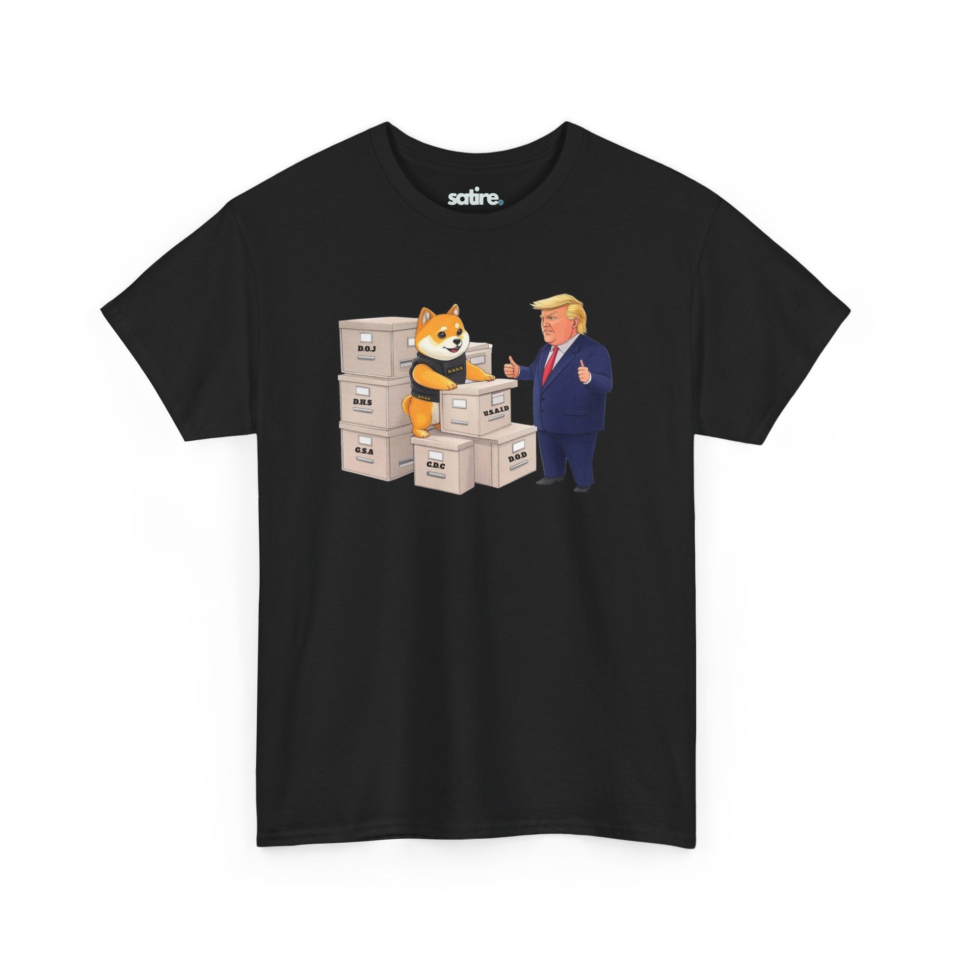 Black t-shirt featuring D.O.G.E, a Shiba Inu in a black vest, inspecting government-labeled boxes, with a caricature of President Trump giving a thumbs up | Satire Clothes