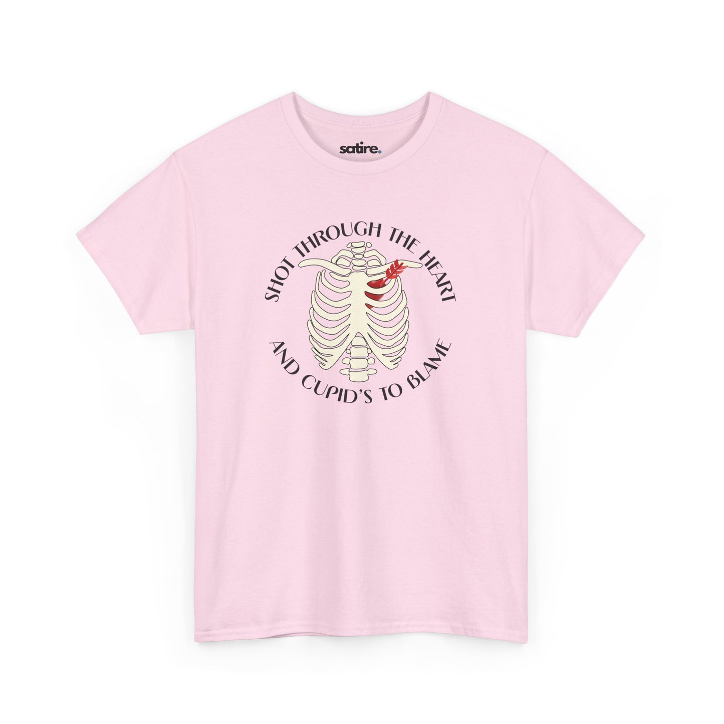 Light pink T-Shirt with a white skeleton ribcage design and the text 'Shot Through The Heart And Cupid's To Blame' encircling it | Satire Clothes