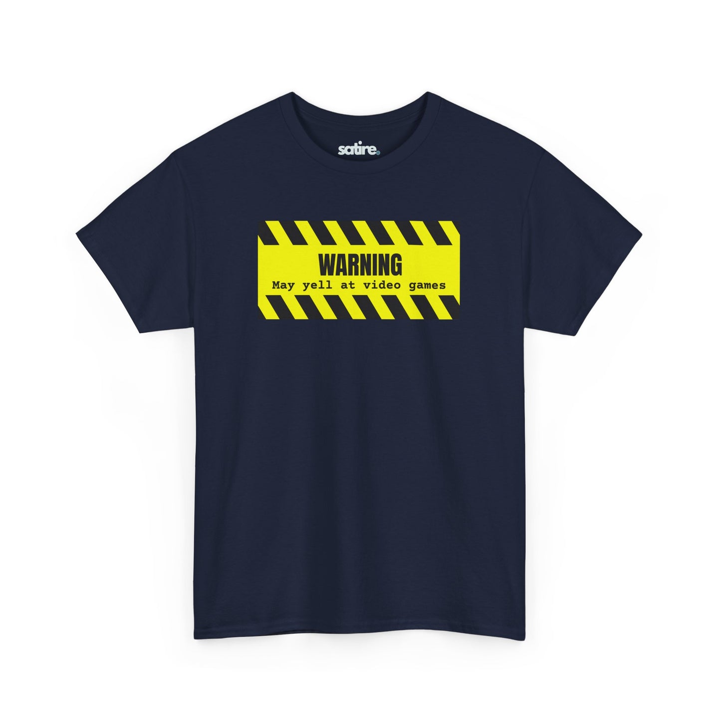 Navy blue t-shirt with a yellow and black striped warning sign graphic which says 'WARNING: May yell at video games' in bold black text | Satire Clothes