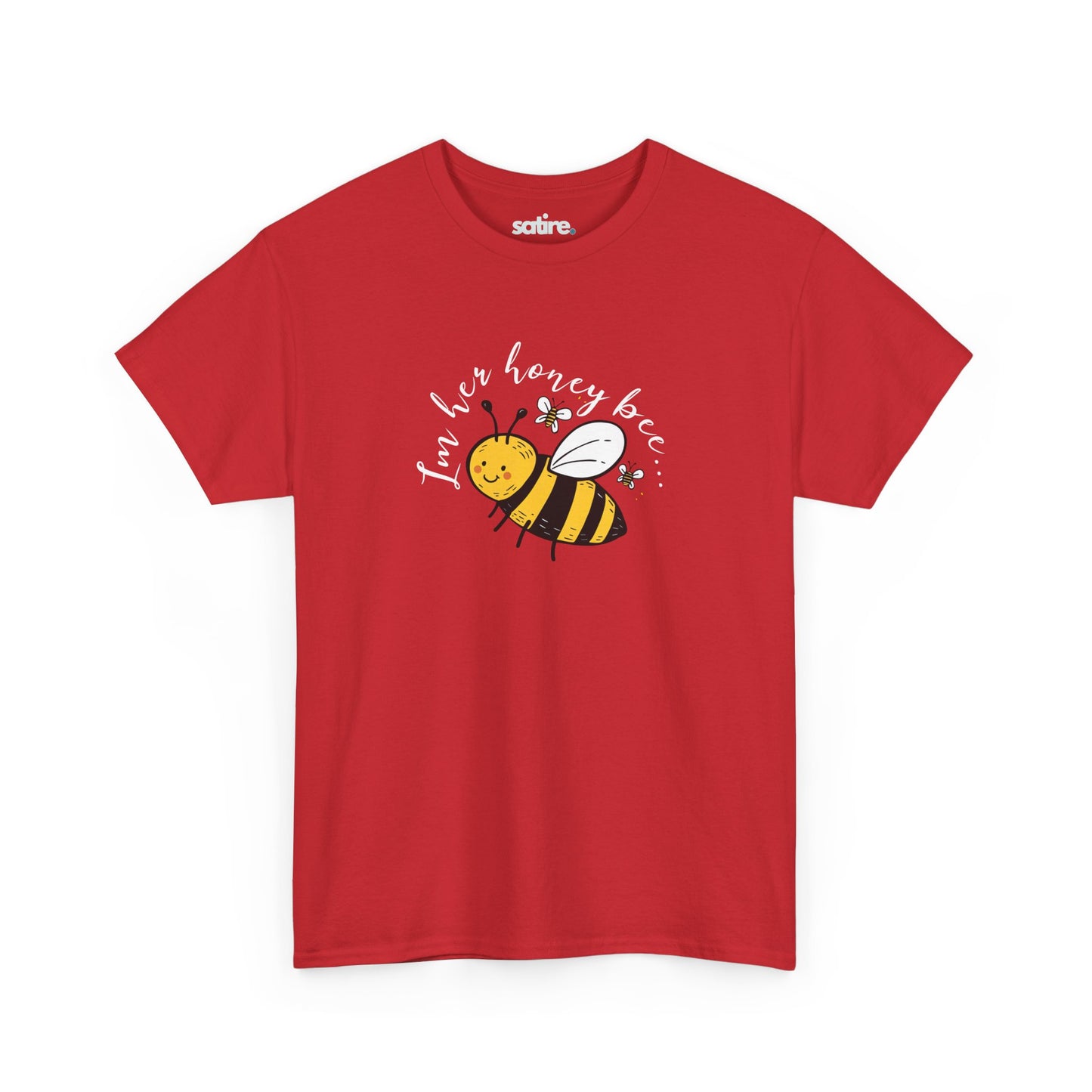 Red T-shirt featuring a playful design with a cartoon bee and the text 'I'm her honey bee' in white | Satire Clothes