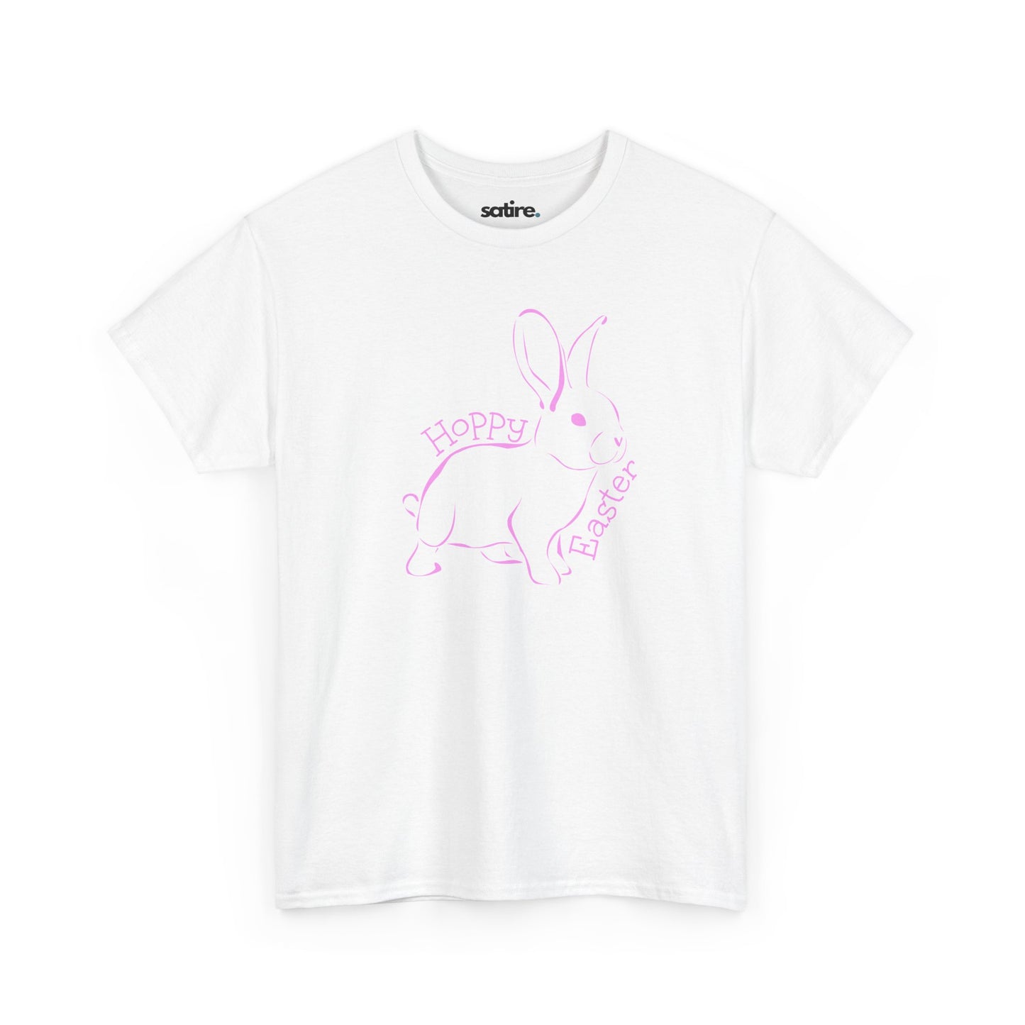 White t-shirt with a playful pink outline of a bunny, surrounded by the words 'Hoppy Easter' in a whimsical font. | Satire Clothes