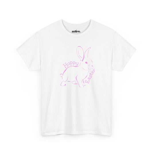 White t-shirt with a playful pink outline of a bunny, surrounded by the words 'Hoppy Easter' in a whimsical font. | Satire Clothes