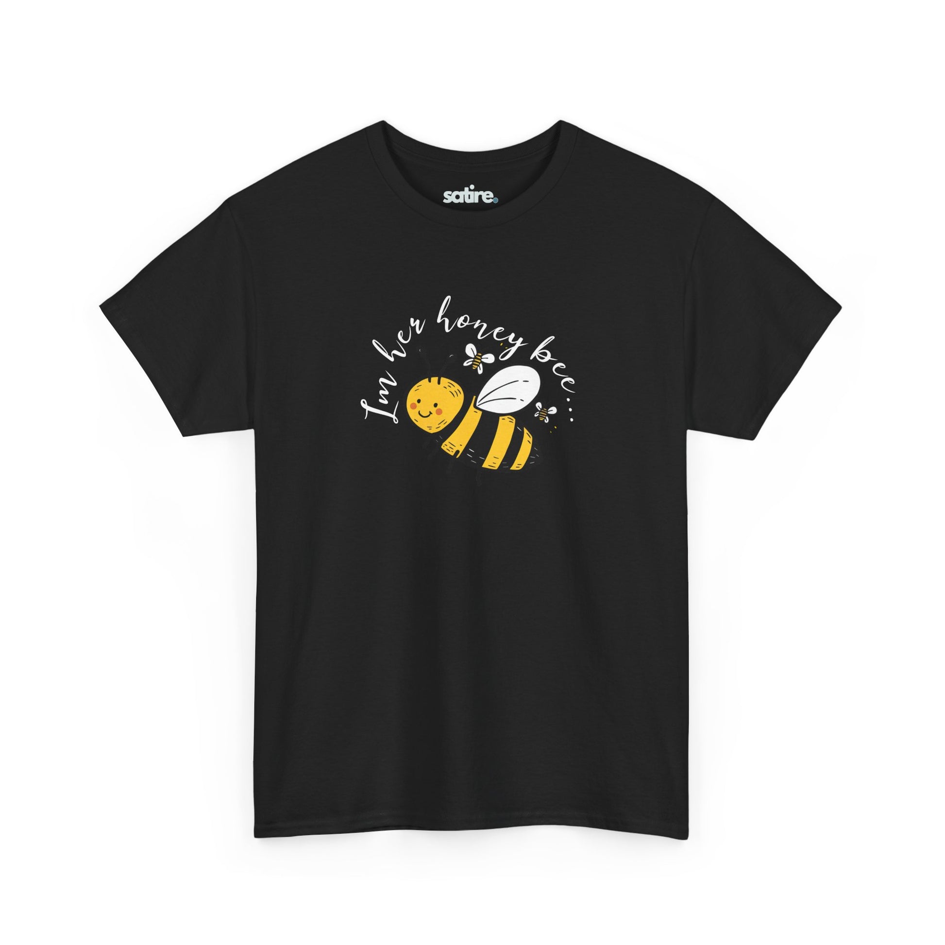 Black T-shirt featuring a playful design with a cartoon bee and the text 'I'm her honey bee' in white | Satire Clothes