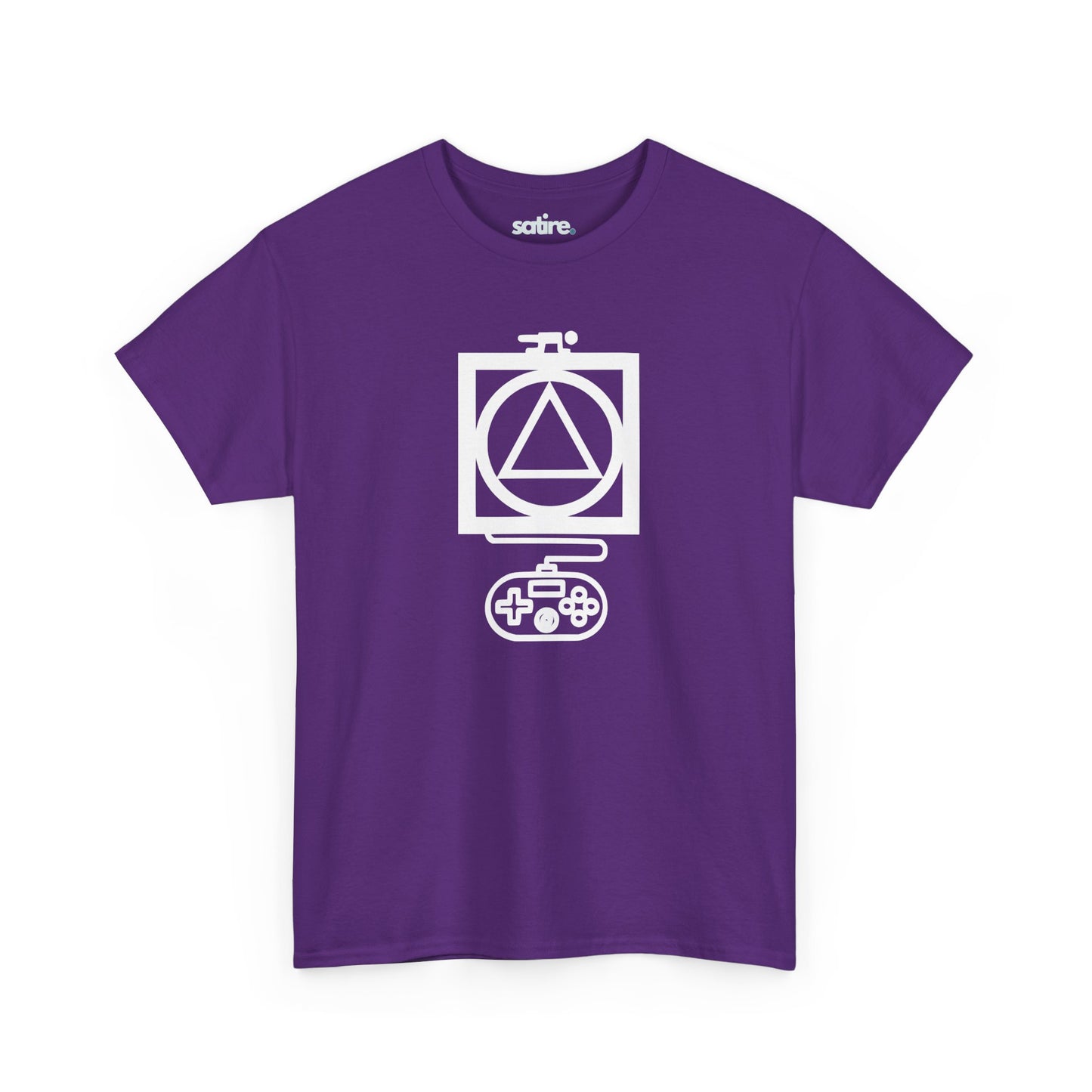 Purple t-shirt with a white graphic design featuring a triangle inside a circle, which is inside a square, with a game controller below. | Satire Clothes