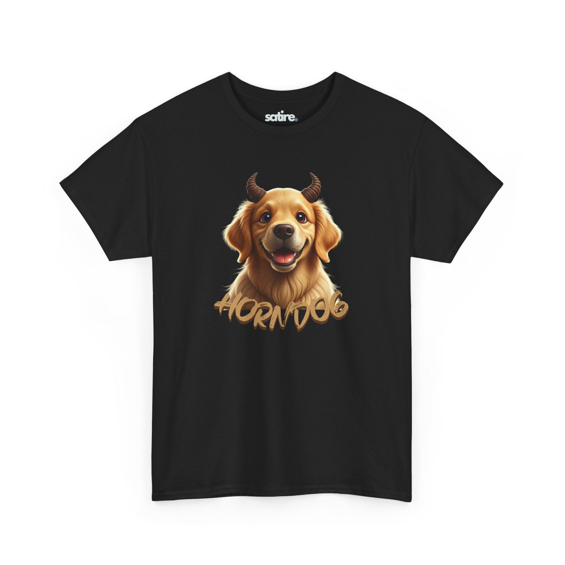 Black t-shirt featuring a cartoon dog with horns and the text 'HORN DOG' in stylized lettering below the image of the dog | Satire Clothes