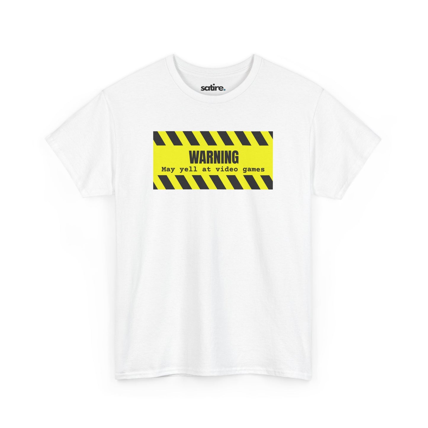 White t-shirt with a yellow and black striped warning sign graphic which says 'WARNING: May yell at video games' in bold black text | Satire Clothes