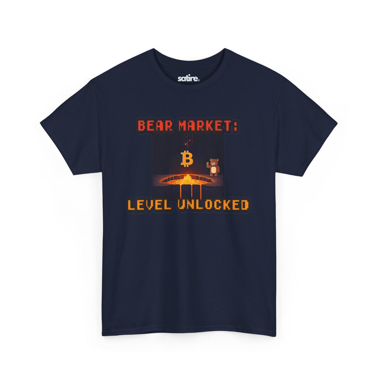 Navy blue t-shirt from Satire Clothes with 'BEAR MARKET:' in red. Image of Bitcoin melting into lava with a bear watching. 'LEVEL UNLOCKED' in orange below. | Satire Clothes