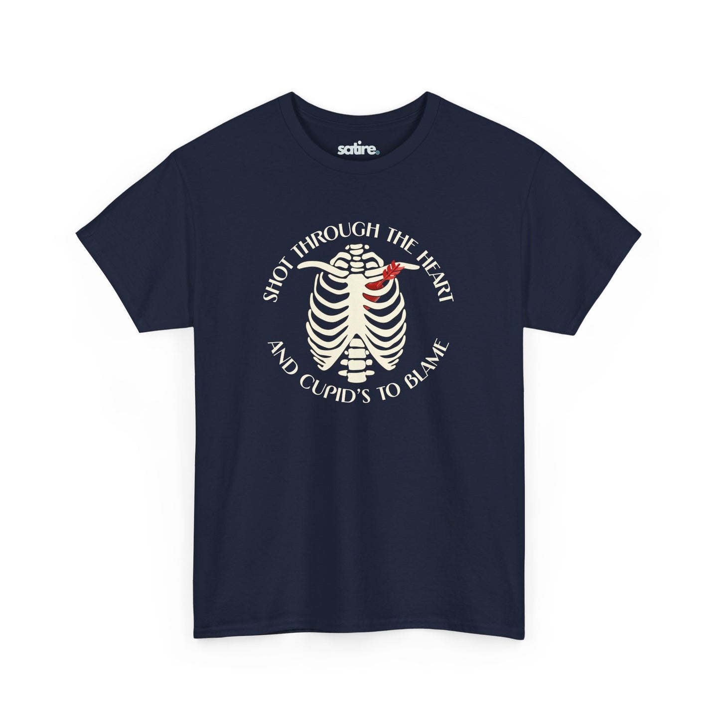 Navy blue T-Shirt with a white skeleton ribcage design and the text 'Shot Through The Heart And Cupid's To Blame' encircling it | Satire Clothes