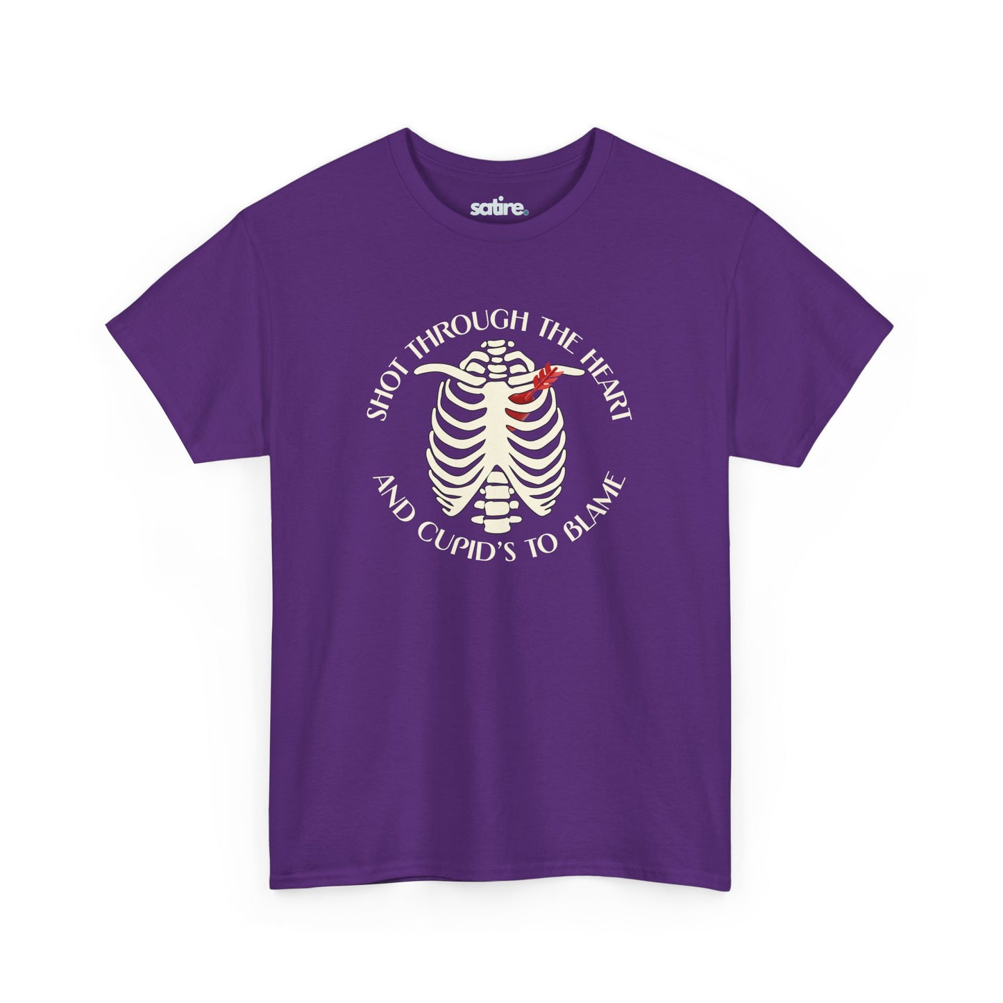 Purple T-Shirt with a white skeleton ribcage design and the text 'Shot Through The Heart And Cupid's To Blame' encircling it | Satire Clothes