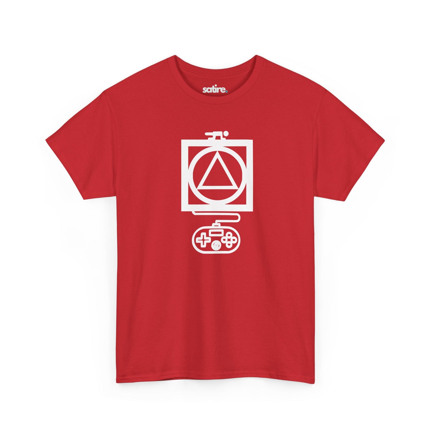 Red t-shirt with a white graphic design featuring a triangle inside a circle, which is inside a square, with a game controller below. | Satire Clothes