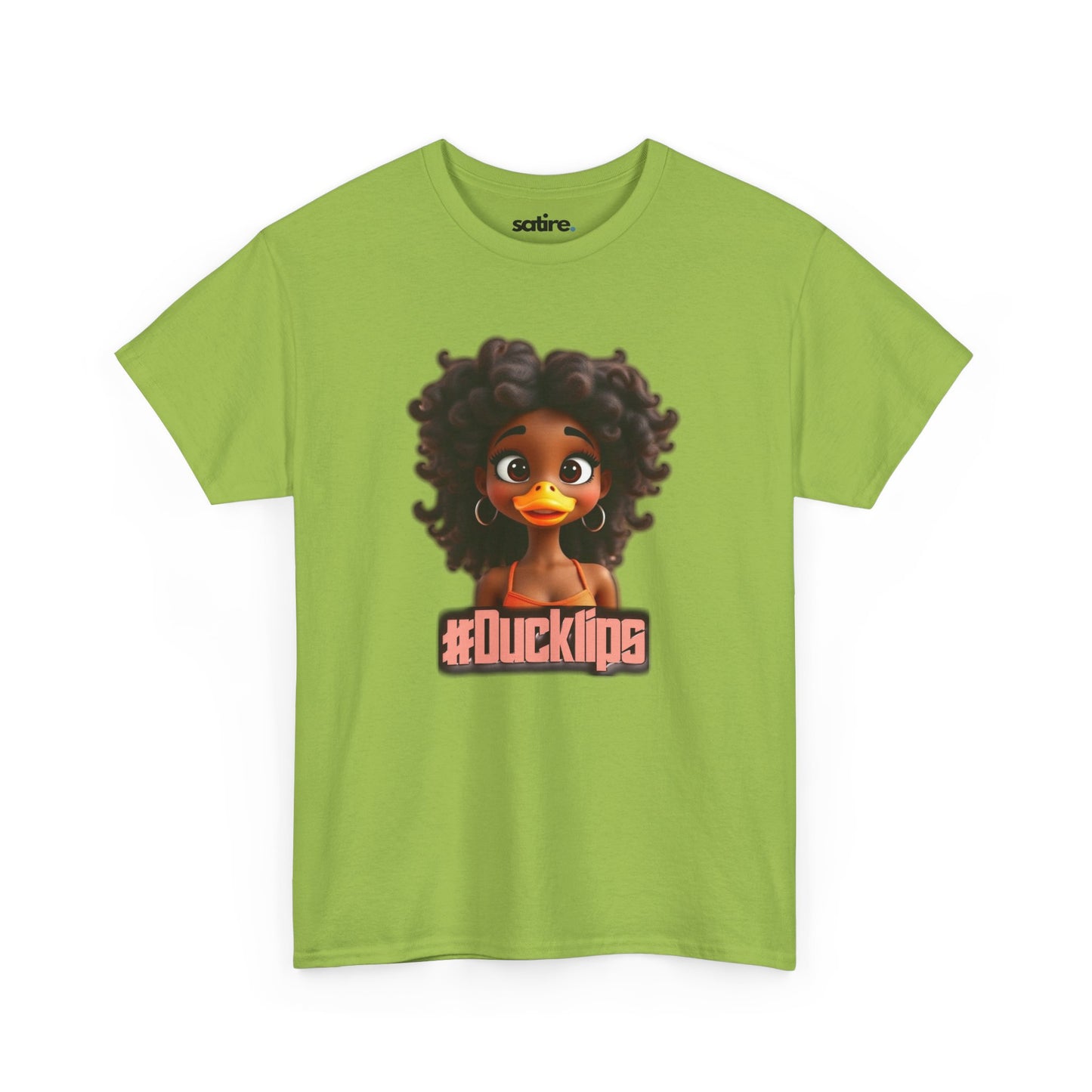 Green t-shirt featuring a humorous cartoon duck with human-like curly hair and hoop earrings, text reads #Ducklips in pink | Satire Clothes