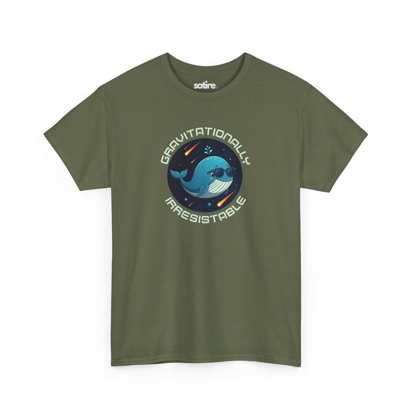 Military green t-shirt featuring a space whale wearing sunglasses, surrounded by a circular text that reads 'GRAVITATIONALLY IRRESISTIBLE' | Satire Clothes