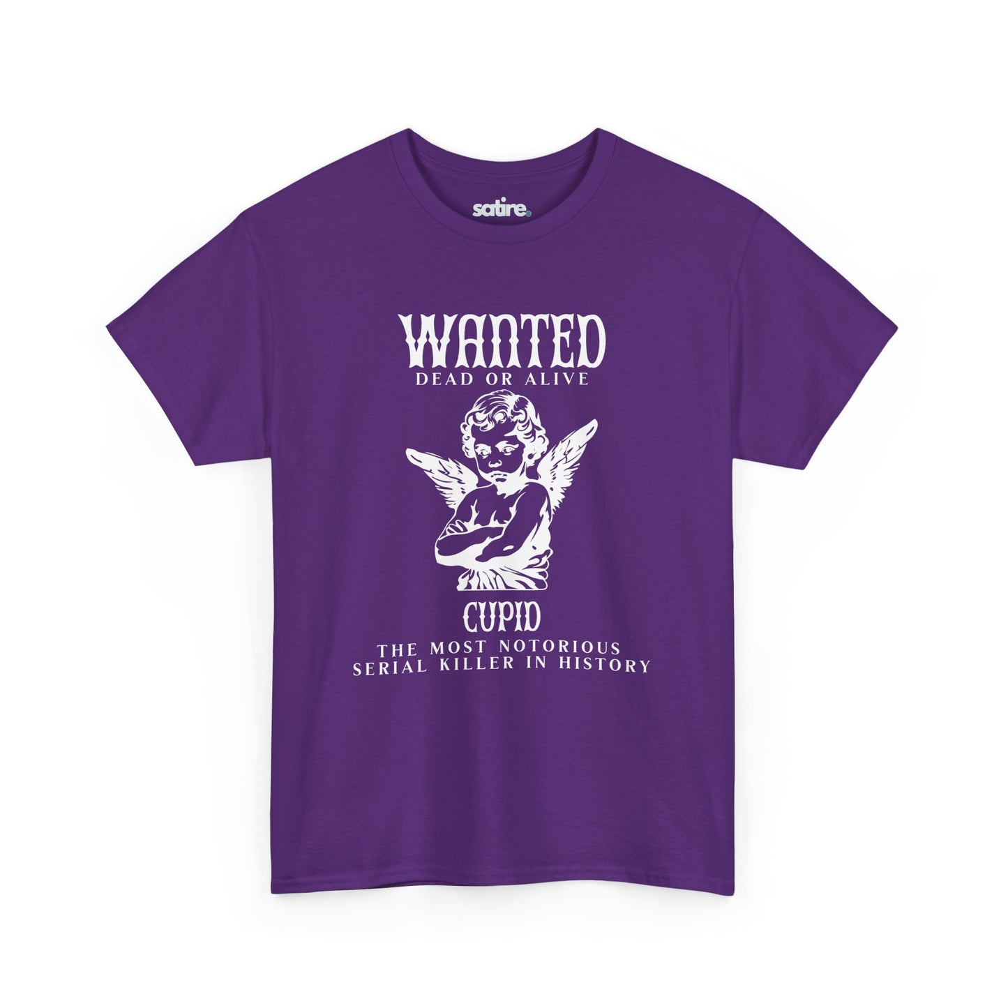 Purple T-shirt featuring a satirical Wanted: Cupid design, depicting Cupid as the Most Notorious Serial Killer in History | Satire Clothes