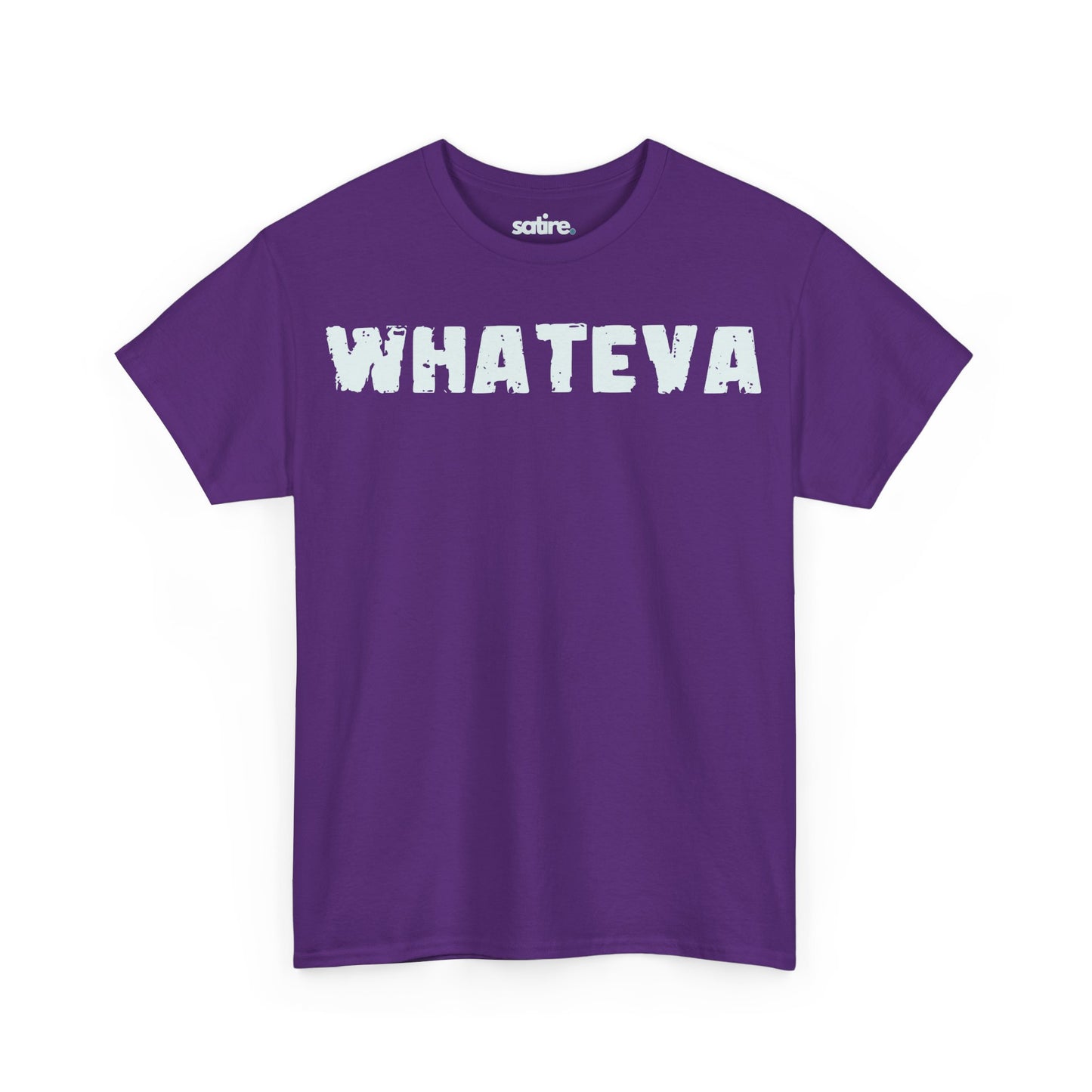 Purple t-shirt with the word "WHATEVA" printed in large, distressed white letters across the front. | Satire Clothes